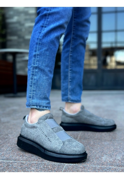 MirgeShoes Gri Çift Bantlı Erkek Tarz Ayakkabı Süet Kalın Yüksek SYH Taban MRG010602625