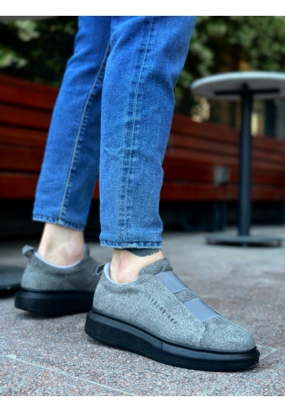 MirgeShoes Gri Çift Bantlı Erkek Tarz Ayakkabı Süet Kalın Yüksek SYH Taban MRG010602625
