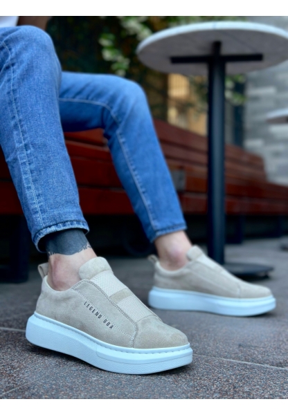 MirgeShoes Krem Çift Bantlı Erkek Tarz Ayakkabı Süet Kalın Yüksek BYZ Taban MRG010602625