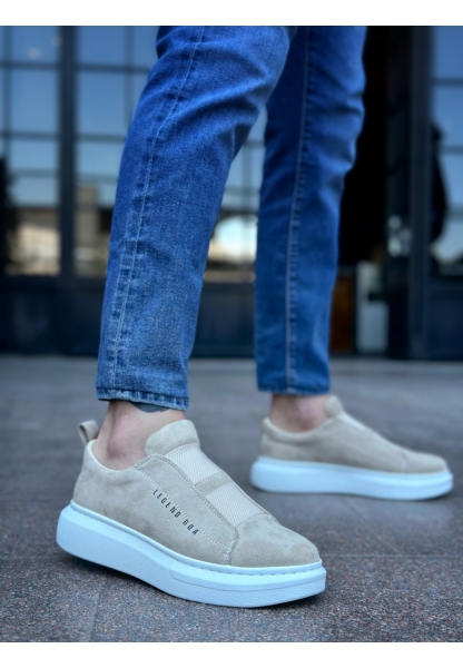 MirgeShoes Krem Çift Bantlı Erkek Tarz Ayakkabı Süet Kalın Yüksek BYZ Taban MRG010602625