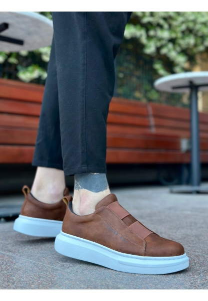 MirgeShoes Taba Çift Bantlı Erkek Tarz Ayakkabı Cilt Kalın Yüksek BYZ Taban MRG010602625