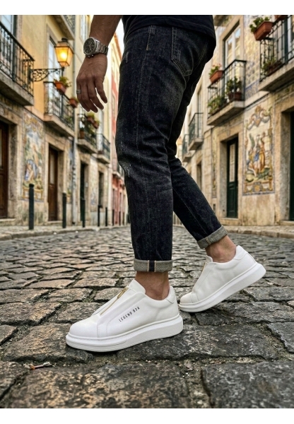 MirgeShoes Beyaz Fermuarlı Erkek Tarz Ayakkabı Cilt Yüksek Kalın BYZ Taban MRG010602628