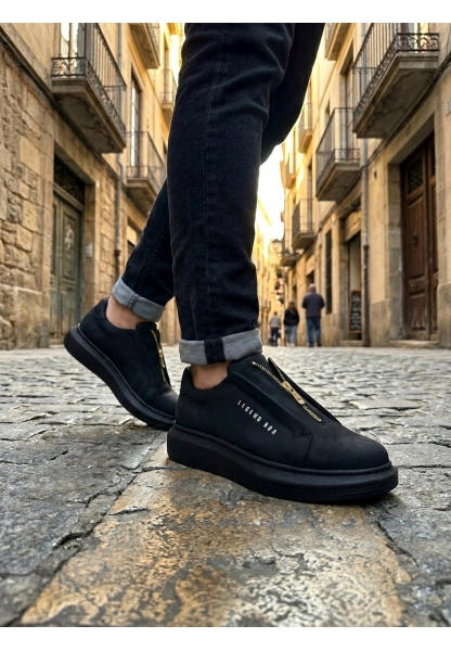 MirgeShoes Siyah Fermuarlı Erkek Tarz Ayakkabı Cilt Yüksek Kalın SYH Taban MRG010602628