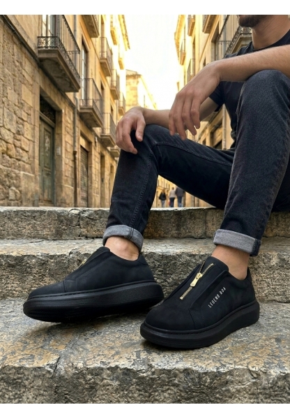 MirgeShoes Siyah Fermuarlı Erkek Tarz Ayakkabı Cilt Yüksek Kalın SYH Taban MRG010602628