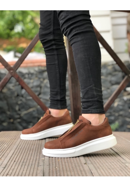 MirgeShoes Taba Fermuarlı Erkek Tarz Ayakkabı Cilt Yüksek Kalın BYZ Taban MRG010602628