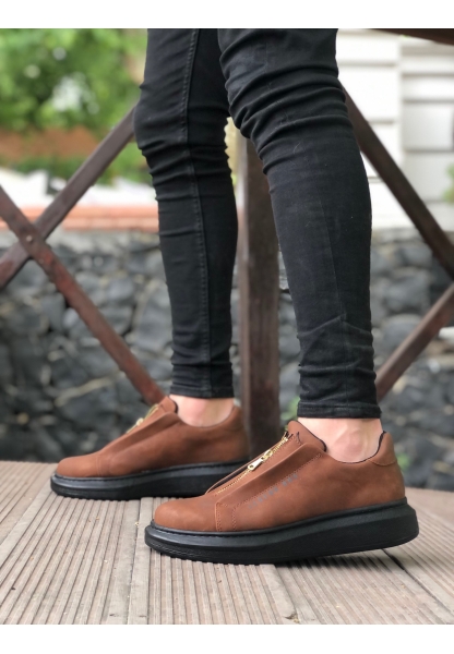 MirgeShoes Taba Fermuarlı Erkek Tarz Ayakkabı Cilt Yüksek Kalın SYH Taban MRG010602628