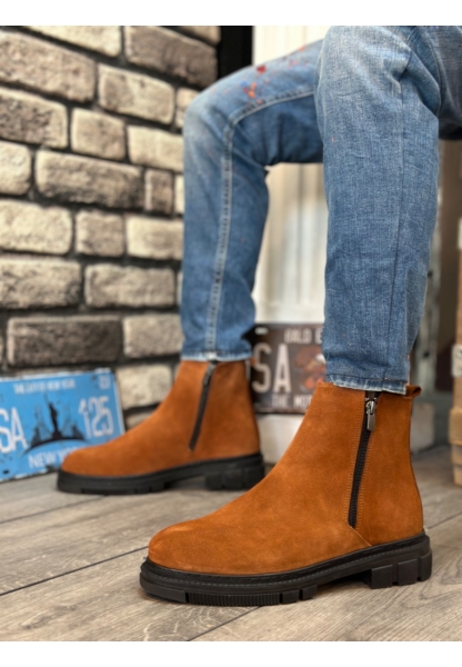 MRG0315 İçi Dışı Hakiki Deri Süet Taba Çift Fermuarlı Erkek Yarım Bilek Bot