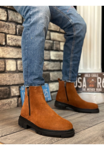 MRG0315 İçi Dışı Hakiki Deri Süet Taba Çift Fermuarlı Erkek Yarım Bilek Bot