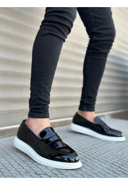 MirgeShoes Siyah Bağcıksız Erkek Klasik Rugan Loafer Ayakkabı Yüksek BYZ Taban MRG010602634