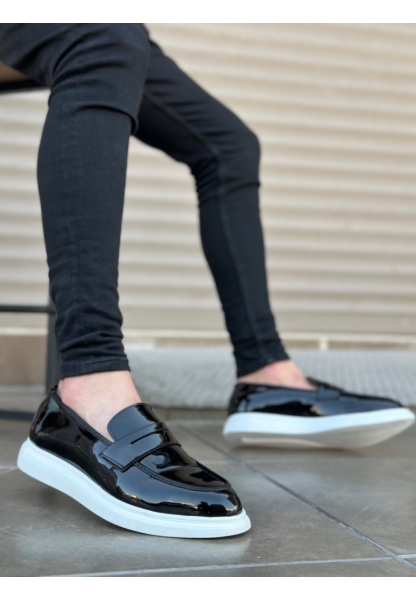 MirgeShoes Siyah Bağcıksız Erkek Klasik Rugan Loafer Ayakkabı Yüksek BYZ Taban MRG010602634