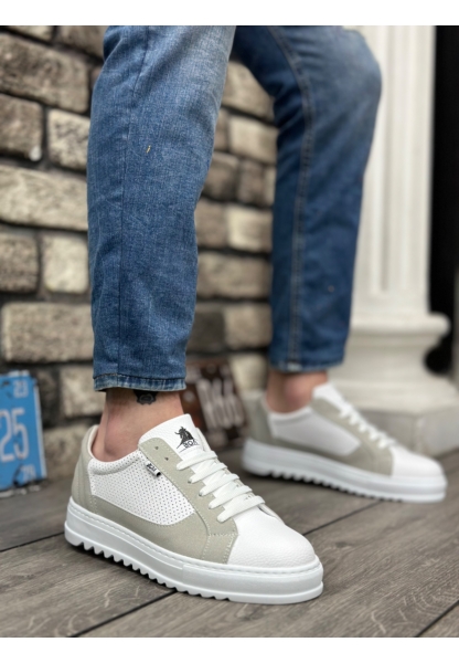 MRG0323 MRG Kalın Tırtık Yüksek Taban Beyaz Gri Bağcıklı Spor Erkek Ayakkabı