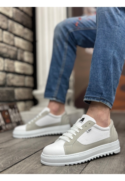 MRG0323 MRG Kalın Tırtık Yüksek Taban Beyaz Gri Bağcıklı Spor Erkek Ayakkabı