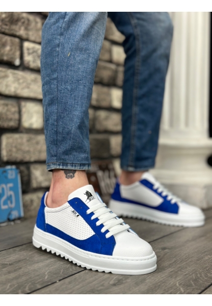 MirgeShoes Beyaz-Mavi Bağcıklı Erkek Spor Ayakkabı Tırtıklı Kalın Yüksek BYZ Taban MRG010602641