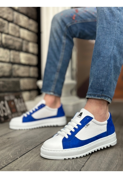 MirgeShoes Beyaz-Mavi Bağcıklı Erkek Spor Ayakkabı Tırtıklı Kalın Yüksek BYZ Taban MRG010602641