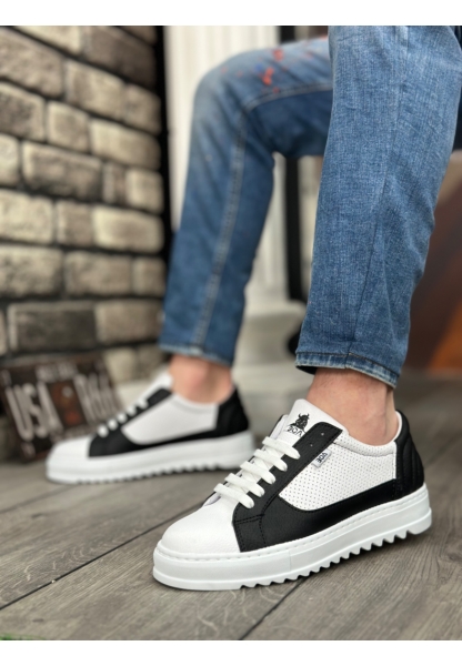 MirgeShoes Beyaz-Siyah Bağcıklı Erkek Spor Ayakkabı Tırtıklı Kalın Yüksek BYZ Taban MRG010602641