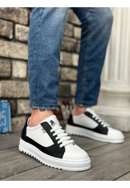 MirgeShoes Beyaz-Siyah Bağcıklı Erkek Spor Ayakkabı Tırtıklı Kalın Yüksek BYZ Taban MRG010602641