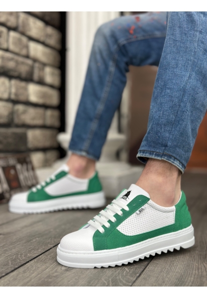 MirgeShoes Beyaz-Yeşil Bağcıklı Erkek Spor Ayakkabı Tırtıklı Kalın Yüksek BYZ Taban MRG010602641
