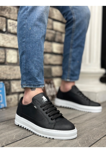 MirgeShoes Siyah Bağcıklı Erkek Spor Ayakkabı Tırtıklı Kalın Yüksek BYZ Taban MRG010602641