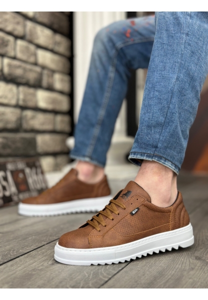 MirgeShoes Taba Bağcıklı Erkek Spor Ayakkabı Tırtıklı Kalın Yüksek BYZ Taban MRG010602641