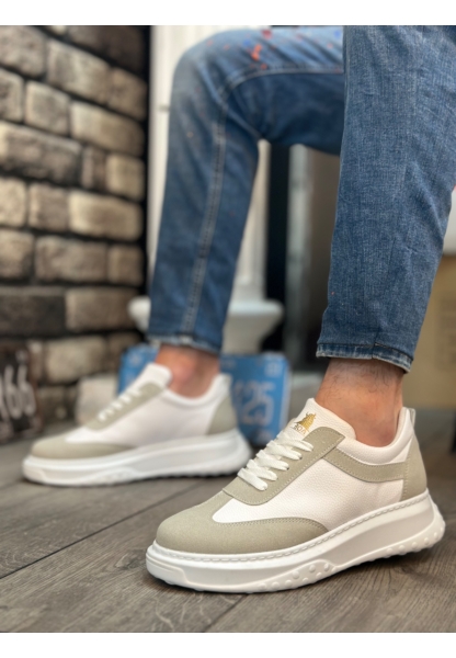 MirgeShoes Beyaz-Gri Bağcıklı Erkek Spor Ayakkabı Kalın Yüksek BYZ Taban MRG010602645