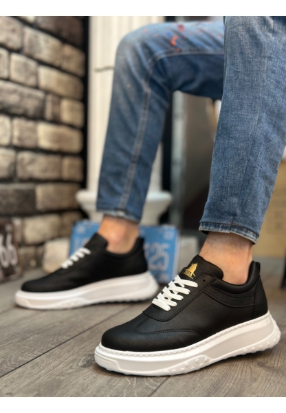 MirgeShoes Siyah Bağcıklı Erkek Spor Ayakkabı Kalın Yüksek BYZ Taban MRG010602645