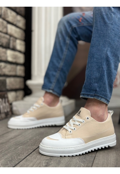 MirgeShoes Krem Bağcıklı Erkek Spor Ayakkabı Keten Tırtıklı Kalın Yüksek BYZ Taban MRG010602646