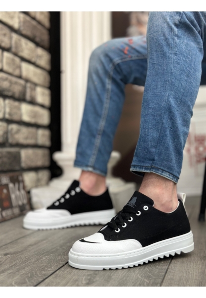 MirgeShoes Siyah Bağcıklı Erkek Spor Ayakkabı Keten Tırtıklı Kalın Yüksek BYZ Taban MRG010602646
