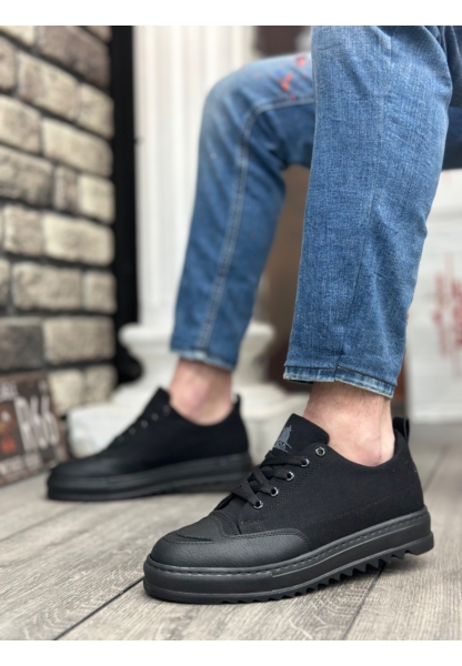 MirgeShoes Siyah Bağcıklı Erkek Spor Ayakkabı Keten Tırtıklı Kalın Yüksek SYH Taban MRG010602646