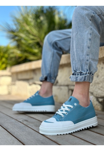 MirgeShoes Turkuaz Bağcıklı Erkek Spor Ayakkabı Keten Tırtıklı Kalın Yüksek BYZ Taban MRG010602646
