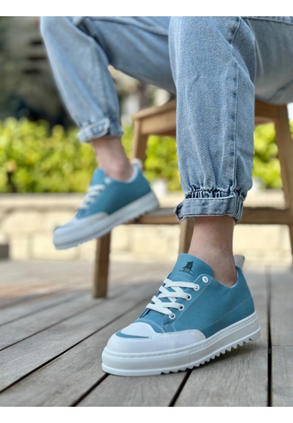 MirgeShoes Turkuaz Bağcıklı Erkek Spor Ayakkabı Keten Tırtıklı Kalın Yüksek BYZ Taban MRG010602646