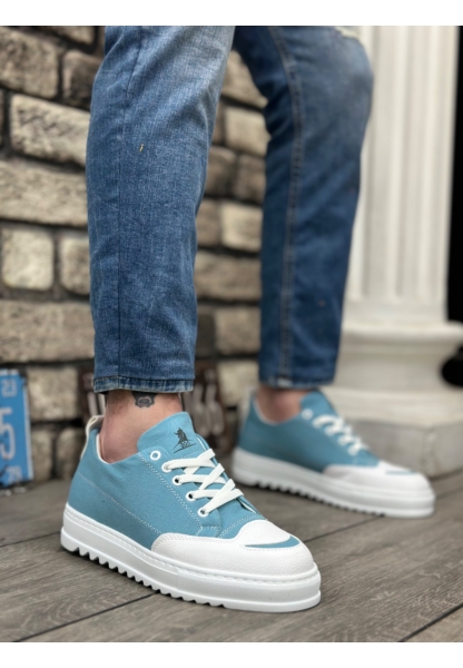 MirgeShoes Turkuaz Bağcıklı Erkek Spor Ayakkabı Keten Tırtıklı Kalın Yüksek BYZ Taban MRG010602646