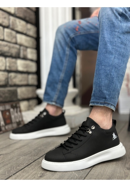MRG0331 Bağcıklı Erkek Yüksek Taban Cilt Siyah Beyaz Taban Spor Ayakkabı