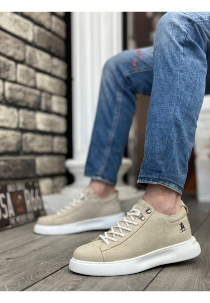 MirgeShoes Krem Bağcıklı Erkek Spor Ayakkabı Süet Yüksek Kalın BYZ Taban MRG010602649