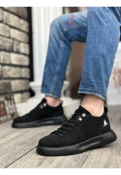 MirgeShoes Siyah Bağcıklı Erkek Spor Ayakkabı Süet Yüksek Kalın SYH Taban MRG010602649