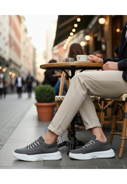 MirgeShoes Antrasit Bağcıklı Erkek Spor Ayakkabı Cilt Deri Merdiven Desen Yüksek BYZ Taban MRG010602650