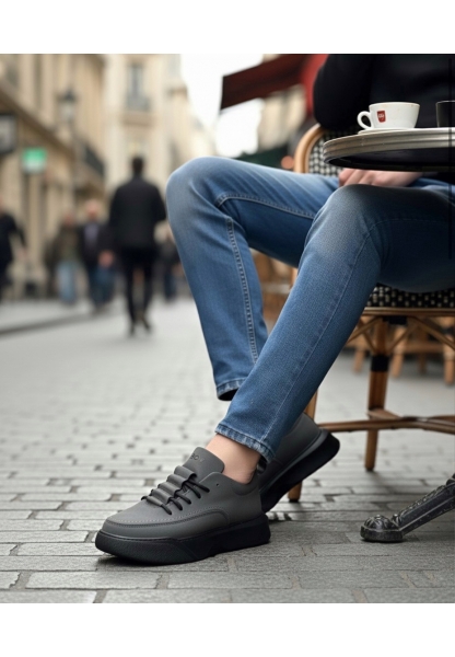 MirgeShoes Füme Bağcıklı Erkek Spor Ayakkabı Cilt Deri Merdiven Desen Yüksek SYH Taban MRG010602650