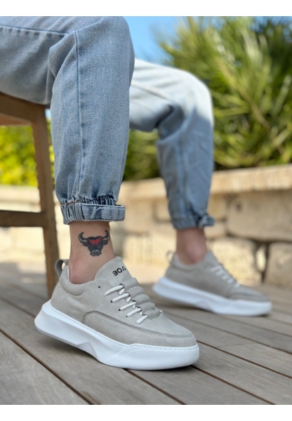 MRG0332 Merdiven Desen Bağcıklı Erkek Yüksek Taban Gri Süet Beyaz Taban Spor Ayakkabı