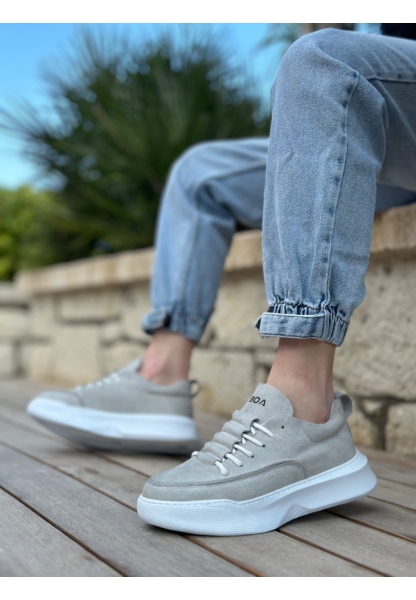 MRG0332 Merdiven Desen Bağcıklı Erkek Yüksek Taban Gri Süet Beyaz Taban Spor Ayakkabı