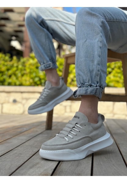 MRG0332 Merdiven Desen Bağcıklı Erkek Yüksek Taban Gri Süet Beyaz Taban Spor Ayakkabı