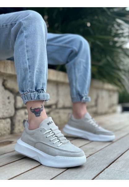 MRG0332 Merdiven Desen Bağcıklı Erkek Yüksek Taban Gri Süet Beyaz Taban Spor Ayakkabı
