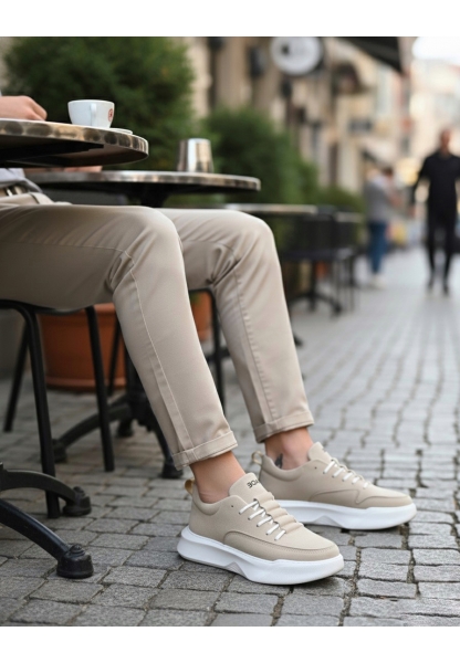 MirgeShoes Krem Bağcıklı Erkek Spor Ayakkabı süet Deri Merdiven Desen Yüksek BYZ Taban MRG010602650