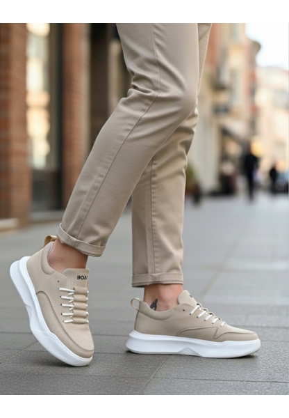 MirgeShoes Krem Bağcıklı Erkek Spor Ayakkabı süet Deri Merdiven Desen Yüksek BYZ Taban MRG010602650