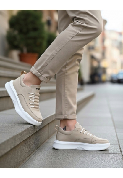 MirgeShoes Krem Bağcıklı Erkek Spor Ayakkabı süet Deri Merdiven Desen Yüksek BYZ Taban MRG010602650