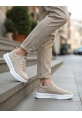 MirgeShoes Krem Bağcıklı Erkek Spor Ayakkabı süet Deri Merdiven Desen Yüksek BYZ Taban MRG010602650