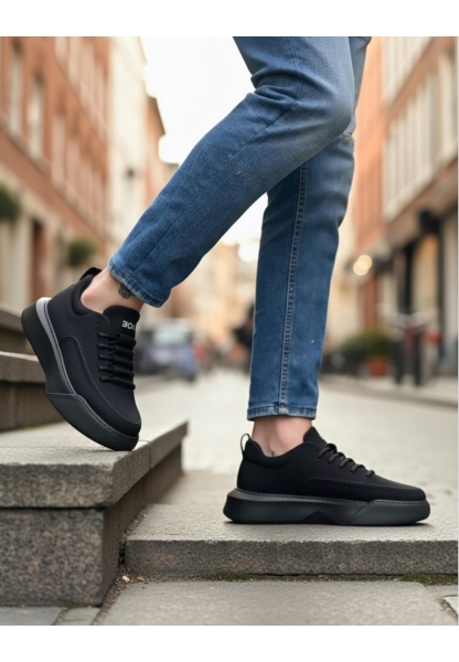 MirgeShoes Siyah Bağcıklı Erkek Spor Ayakkabı Merdiven Desen Yüksek SYH Taban MRG010602650