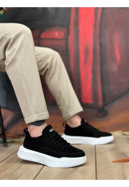 MirgeShoes Siyah Bağcıklı Erkek Spor Ayakkabı Süet Deri Merdiven Desen Yüksek BYZ Taban MRG010602650