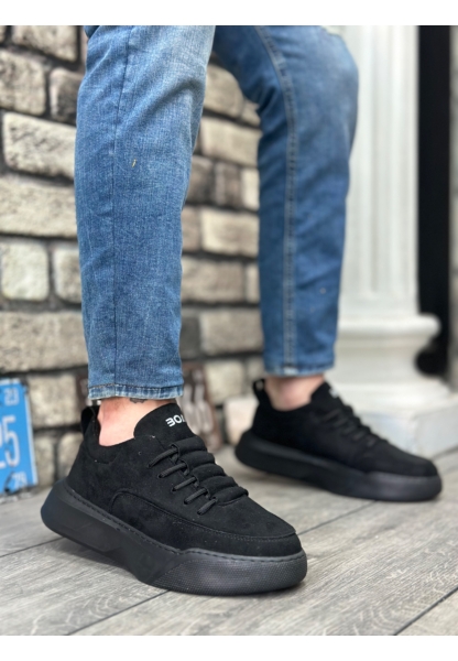 MirgeShoes Siyah Bağcıklı Erkek Spor Ayakkabı Süet Deri Merdiven Desen Yüksek SYH Taban MRG010602650