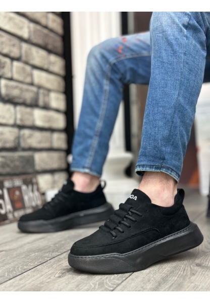 MirgeShoes Siyah Bağcıklı Erkek Spor Ayakkabı Süet Deri Merdiven Desen Yüksek SYH Taban MRG010602650