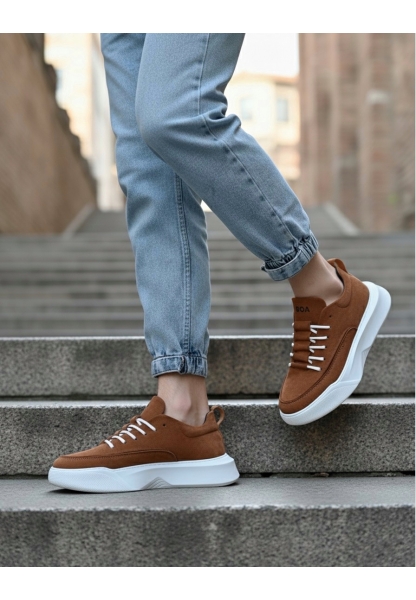 MirgeShoes Taba Bağcıklı Erkek Spor Ayakkabı Süet Deri Merdiven Desen Yüksek BYZ Taban MRG010602650