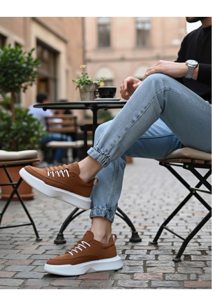 MirgeShoes Taba Bağcıklı Erkek Spor Ayakkabı Süet Deri Merdiven Desen Yüksek BYZ Taban MRG010602650